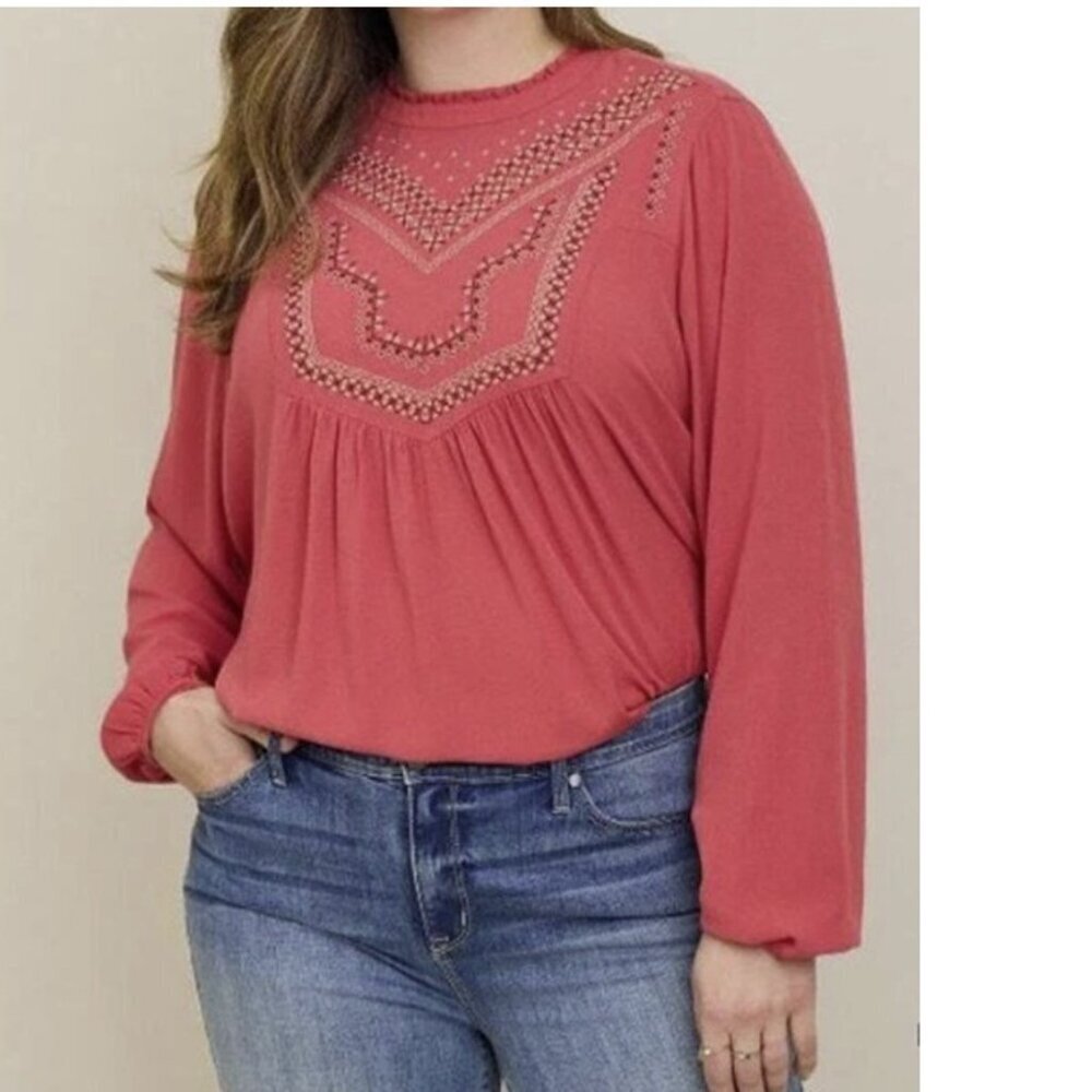Torrid Crinkle Gauze Embroidered Boho Blouse Long Sleeve Relaxed Fit Top Size 4